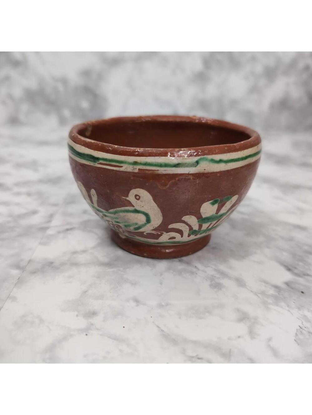 Vintage Mexican Redware Clay Pottery Bowl Bird Tlaquepaque Handmade Mexico